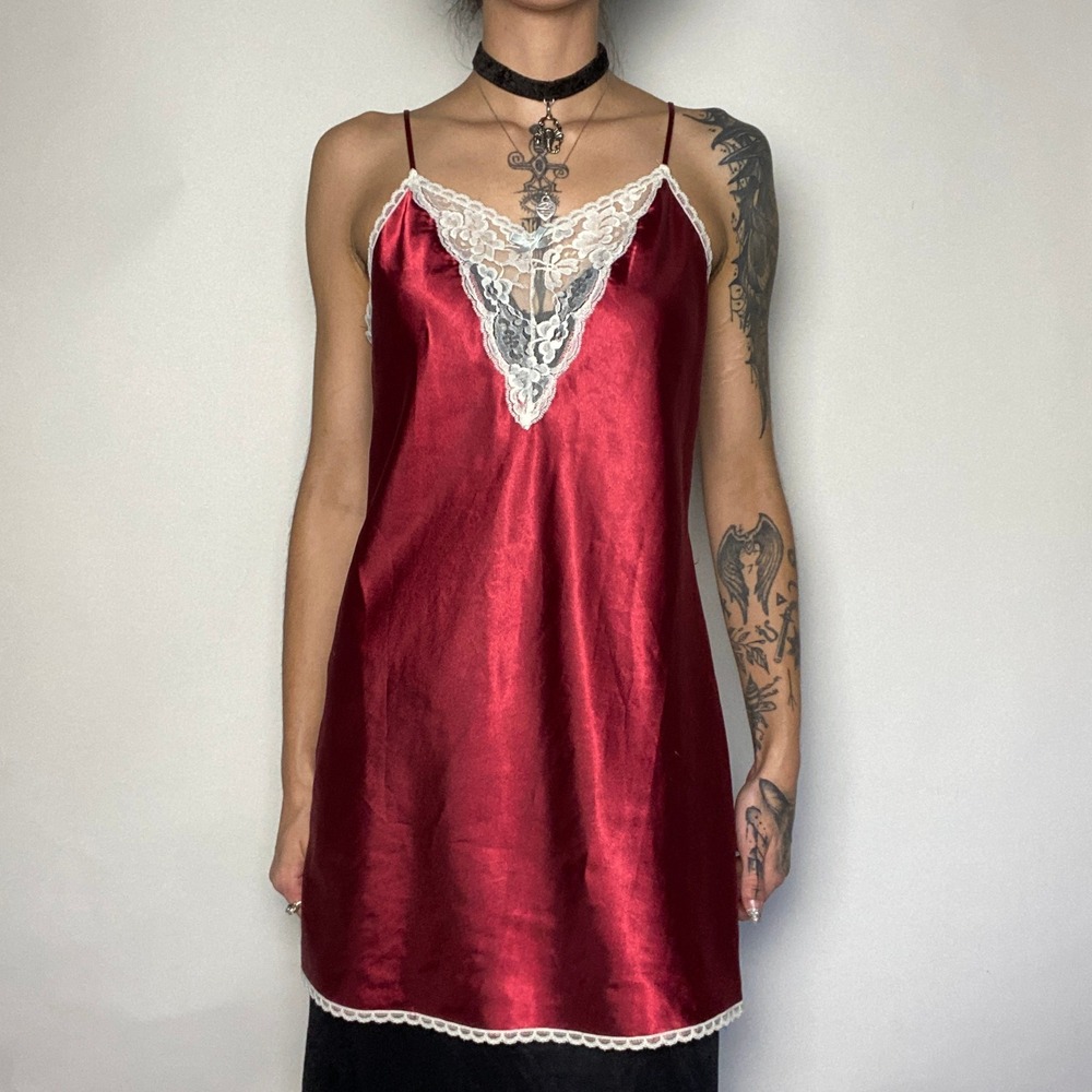 Burgundy Satin White Lace Slip Dress Nightgown Chemise Lingerie Size M Coquette